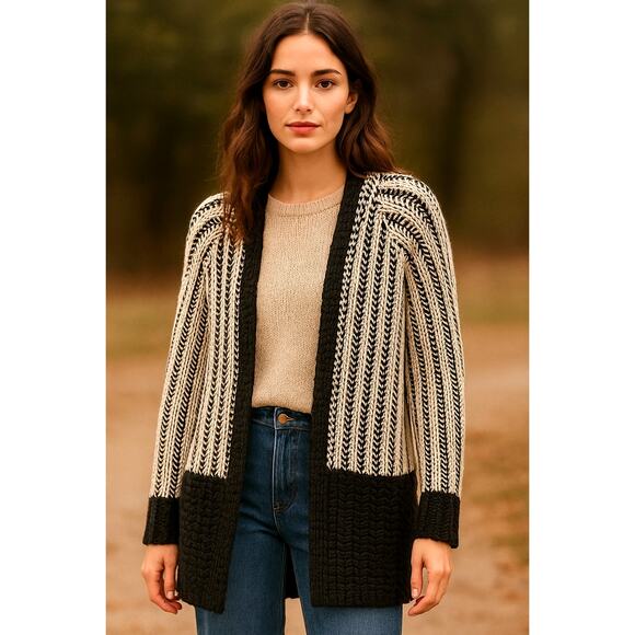 Neiman Marcus M LUXURY Wool Cashmere Cable Knit Cardigan Sweater Long Black Gray - Picture 1 of 6